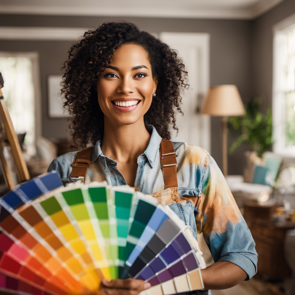 An image that showcases a smiling homeowner surrounded by a plethora of vibrant paint swatches, while a group of professional painters discuss pricing options nearby, conveying top-rated York painting contractors' commitment to competitive pricing and stress-free transformations