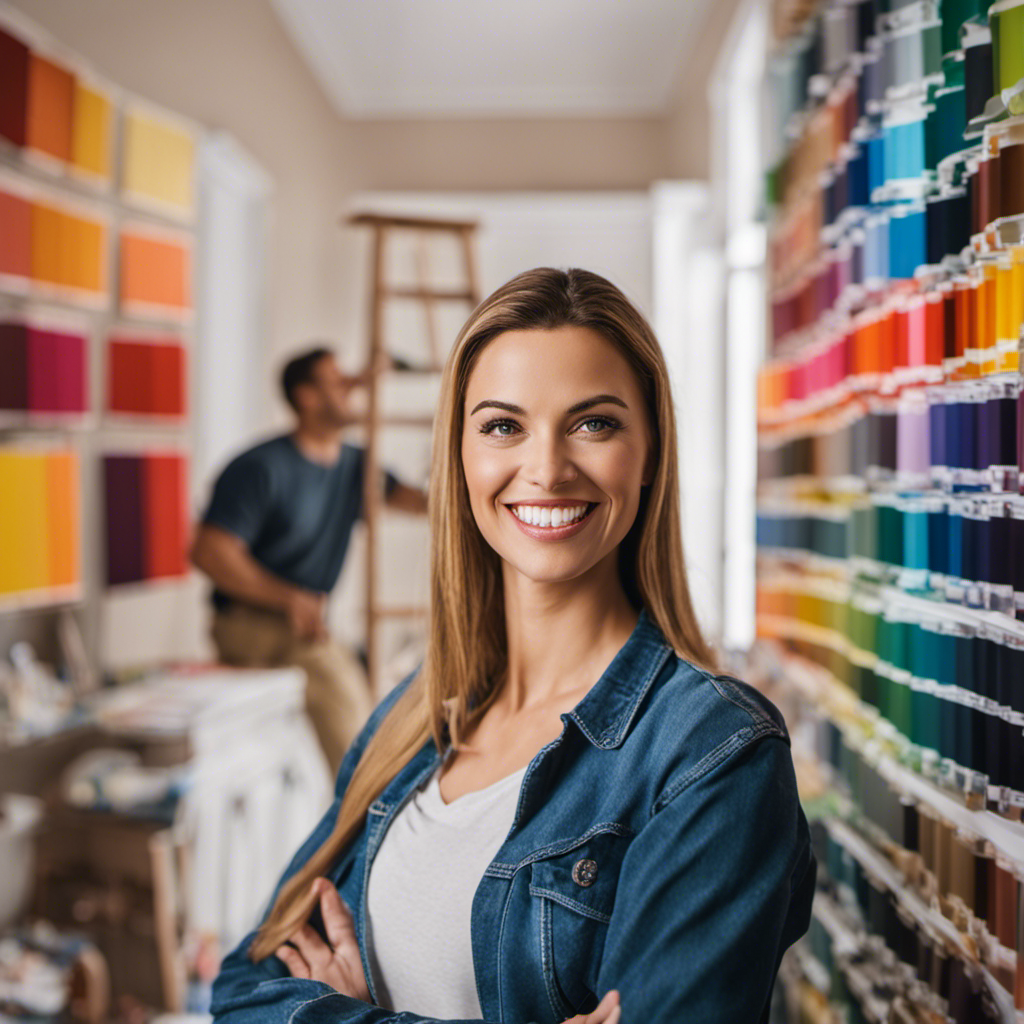 An image that showcases a smiling homeowner surrounded by a plethora of vibrant paint swatches, while a group of professional painters discuss pricing options nearby, conveying top-rated York painting contractors' commitment to competitive pricing and stress-free transformations