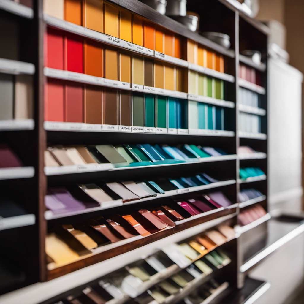 An image showcasing a spectrum of vibrant paint swatches, artfully arranged on a sleek kitchen counter