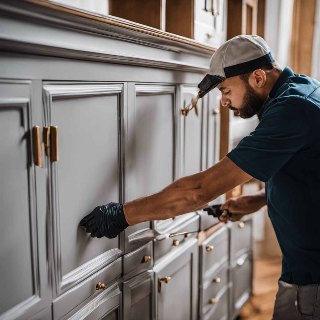 An image showcasing a skilled cabinet painter meticulously applying a smooth coat of vibrant, glossy paint to a set of cabinets, effortlessly transforming them into a flawless focal point for any space