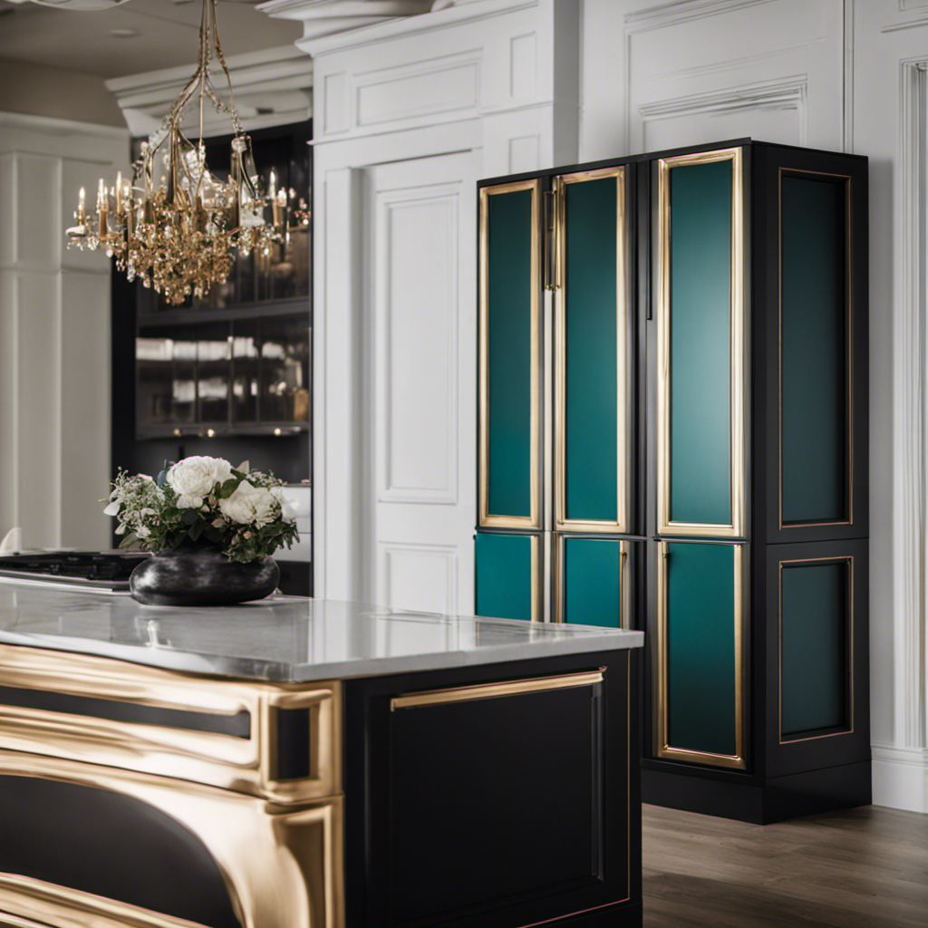 An image showcasing three cabinets with distinct painting styles and finishes: a sleek matte black cabinet with gold hardware, a rustic turquoise cabinet with distressed edges, and a modern white cabinet with a glossy lacquer finish