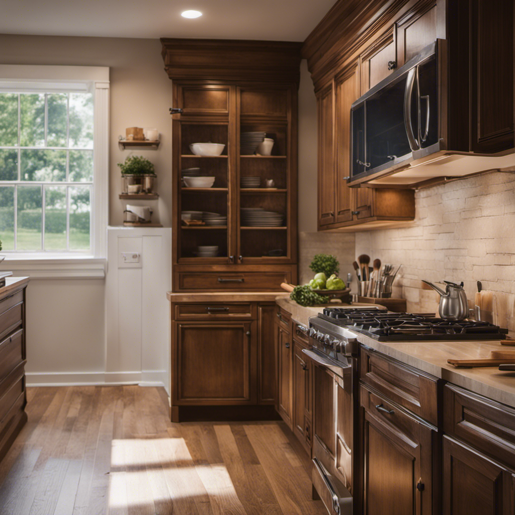 An image showcasing a well-lit kitchen with cabinets being meticulously sanded, cleaned, and primed