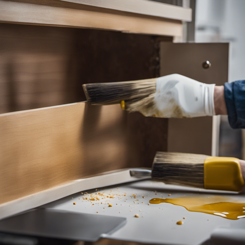 An image showcasing a kitchen cabinet being painted in York, capturing the painter meticulously sanding the surface, applying primer, and using a high-quality brush to flawlessly coat the cabinet in a smooth, even finish