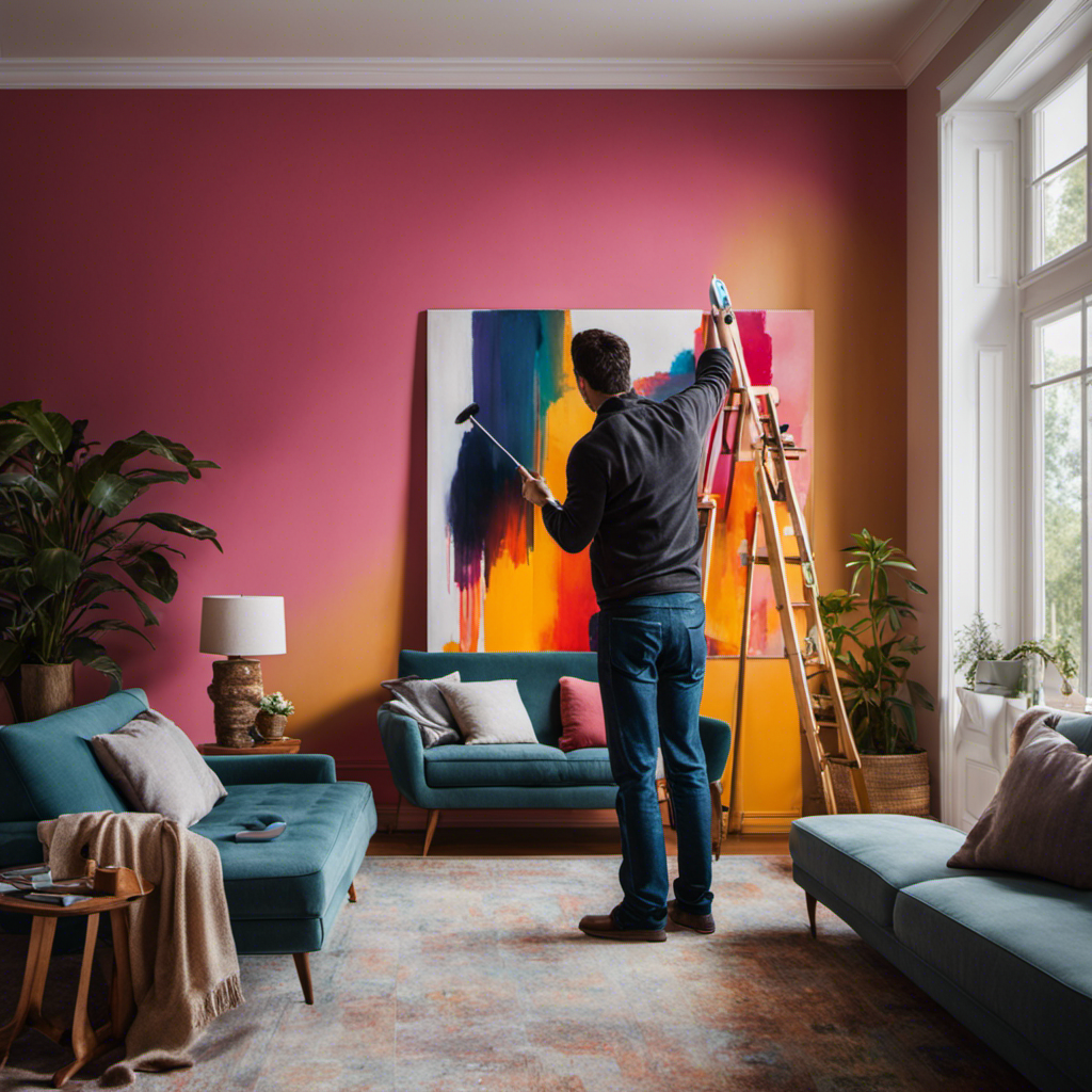 An image showcasing a skilled painter effortlessly transforming a dull living room into a vibrant space, with precise brushstrokes, impeccable attention to detail, and a palette of captivating colors, highlighting the benefits of hiring a professional