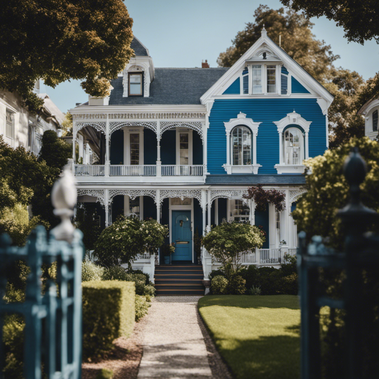 An image showcasing a charming Victorian home, adorned with a fresh coat of crisp white paint, complemented by vibrant blue shutters and a perfectly manicured garden, radiating elegance and curb appeal