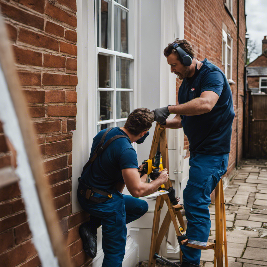 An image showing a skilled painter in York meticulously sanding and smoothing walls, while another expert carefully tapes off windows, showcasing the diligent preparation required before applying a vibrant new coat of paint