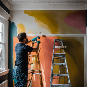 An image showcasing a skillful residential painter in York, meticulously applying vibrant, high-quality paint to transform a dull wall into a stunning masterpiece, revitalizing and elevating the entire home's aesthetic