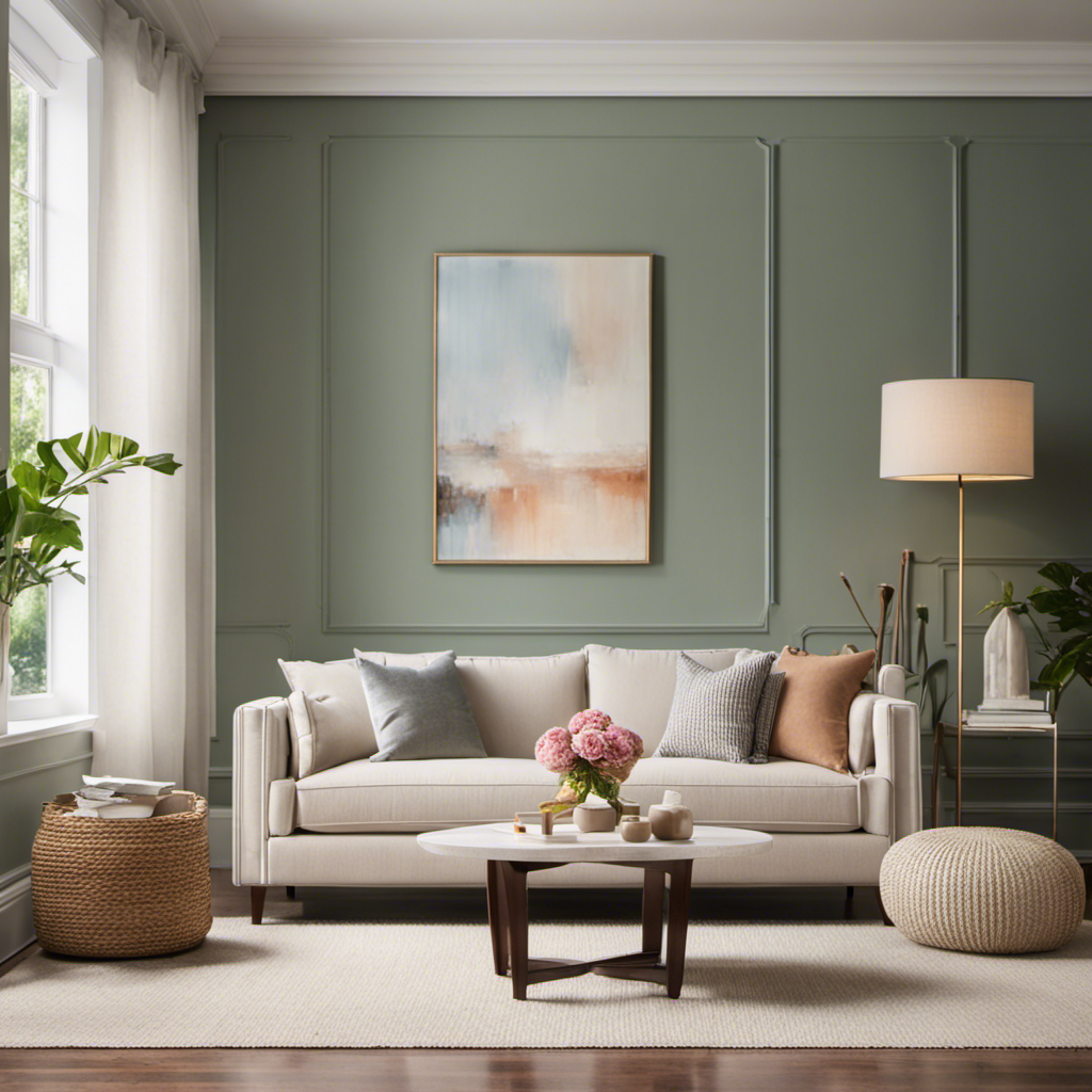 An image showcasing a beautifully transformed living room with freshly painted walls in soft, calming hues