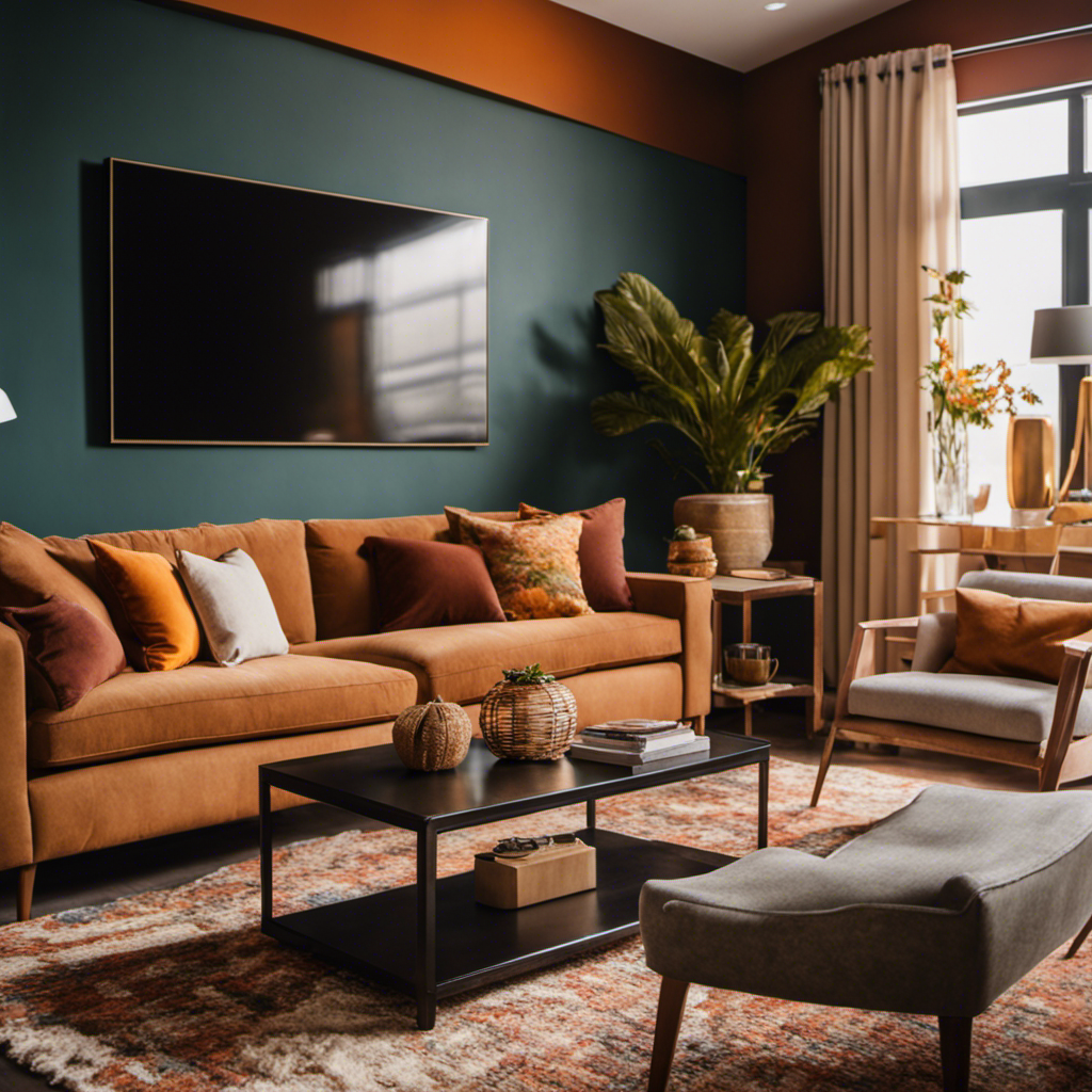 An image that showcases a beautifully painted living room with warm, earthy tones, complemented by a vibrant accent wall