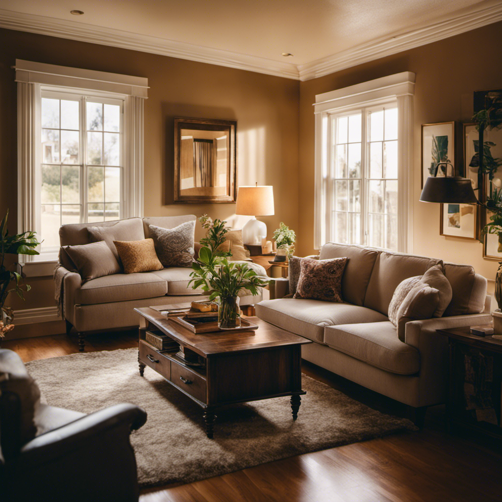 An image showcasing a pristine living room with freshly painted walls, bathed in warm sunlight streaming through the windows