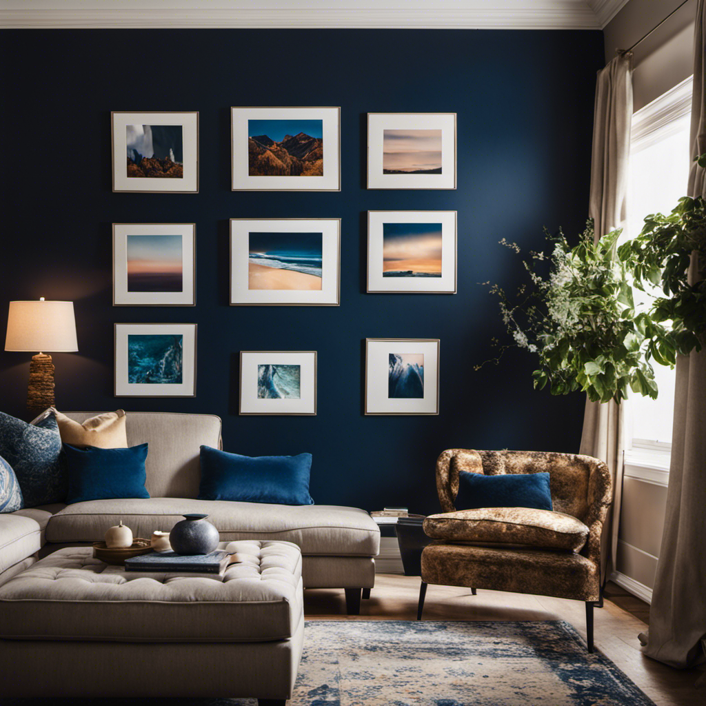 An image of a tastefully decorated living room, showcasing a vibrant, navy blue accent wall adorned with an elegant gallery of neutral-toned artwork, perfectly illustrating the transformative power of choosing the right colors for your home