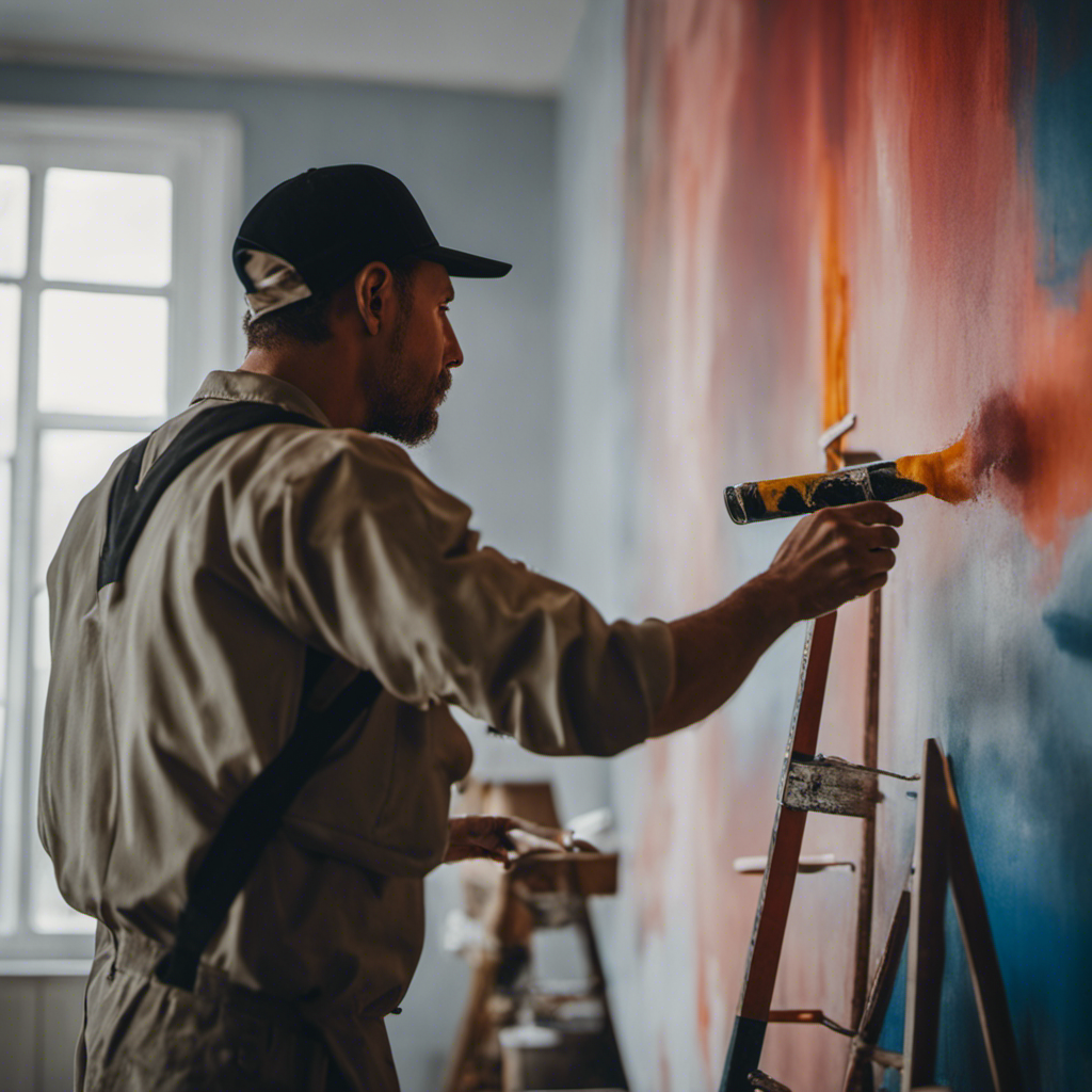 An image showcasing a skilled painter meticulously applying a smooth coat of paint onto a wall, demonstrating the artistry of professional techniques for a flawless finish