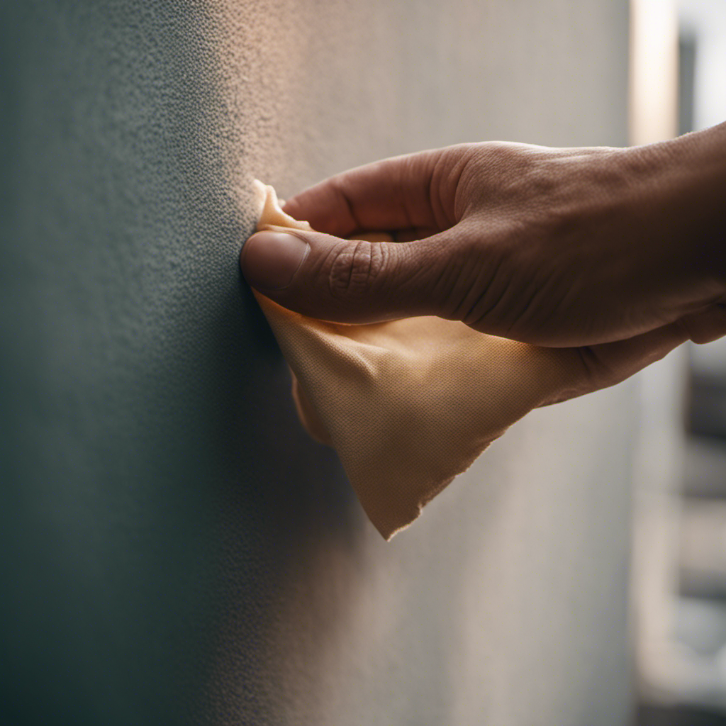 An image showcasing a pair of gentle hands meticulously wiping down a freshly painted wall, with a soft microfiber cloth, revealing a flawlessly smooth surface that gleams under the warm ambient lighting