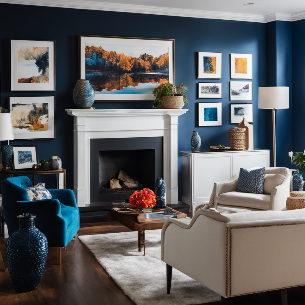 An image showcasing a living room with a vibrant, deep blue accent wall adorned with eclectic artwork, contrasting against white walls and neutral furniture, elevating the space with a burst of personality