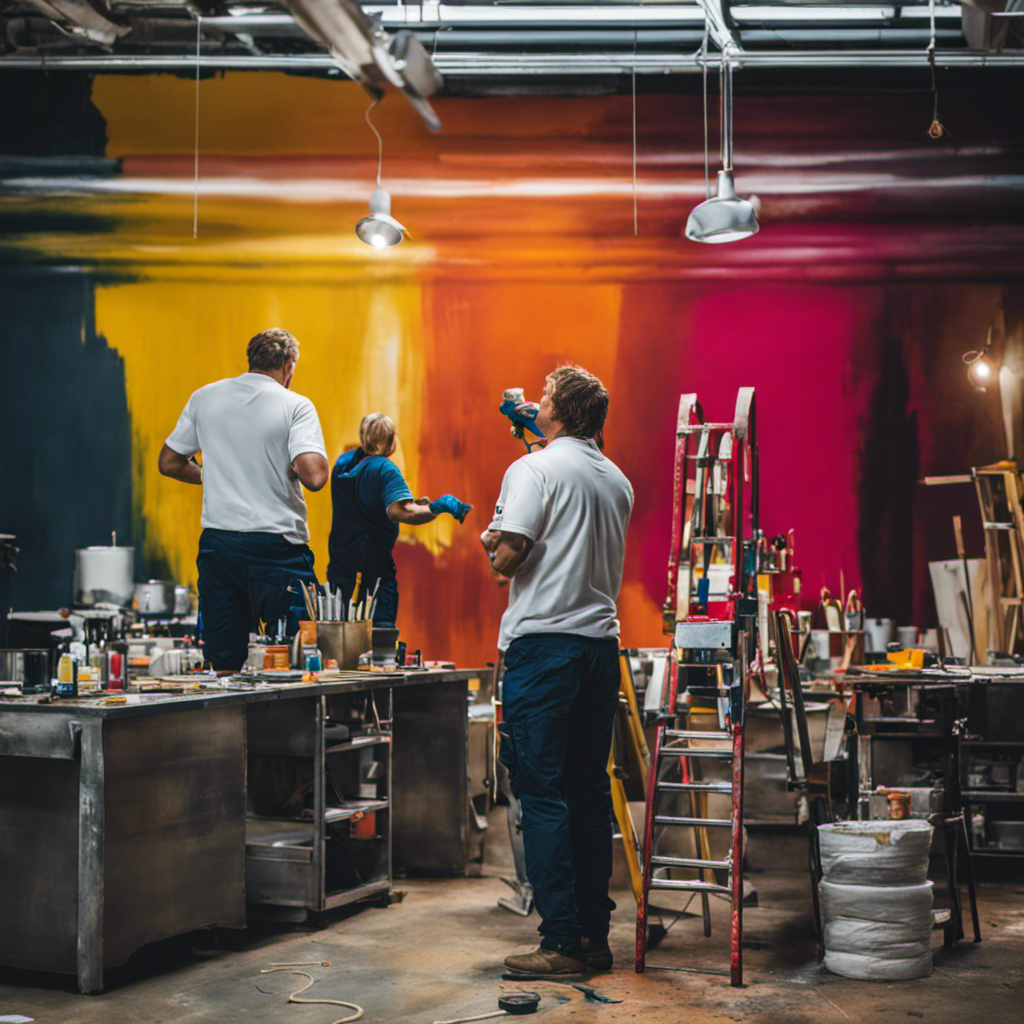 An image showcasing a team of skilled commercial painters in action, meticulously transforming the interior of a bustling York business