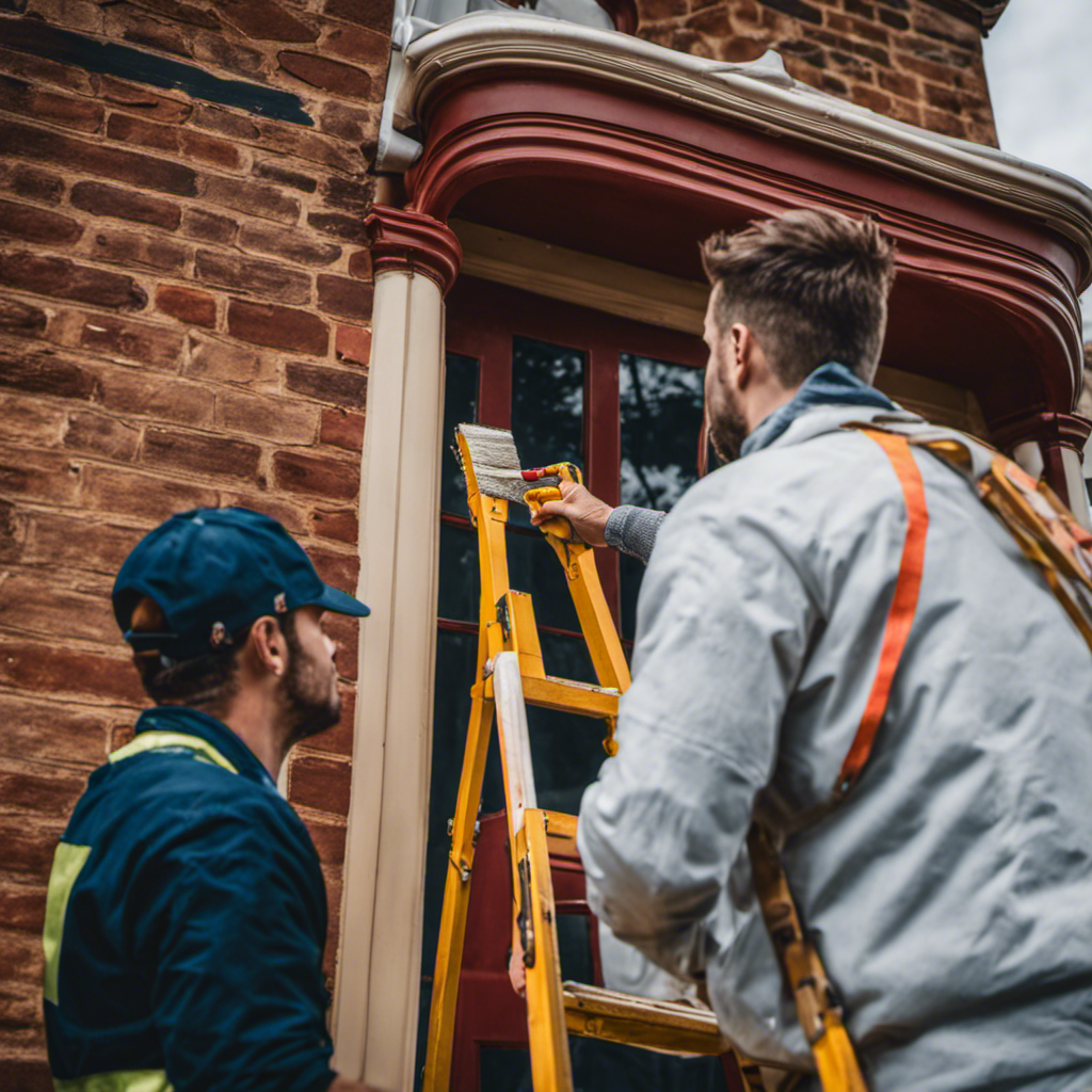 An image showcasing York's premier painting contractors, with a skilled painter meticulously applying a smooth coat of vibrant paint to the exterior of a stately Victorian home, accentuating its architectural details