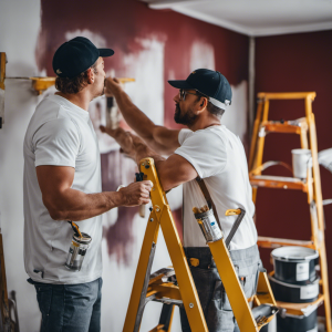 An image showcasing York's trusted painters: two expert contractors skillfully applying precise brushstrokes to a freshly painted wall, surrounded by neatly arranged paint cans and a ladder, exuding professionalism and quality craftsmanship