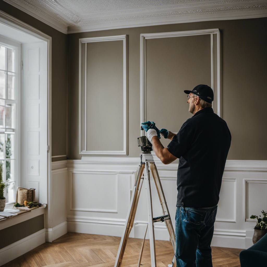 An image showcasing a skilled painting contractor in York meticulously applying a flawless coat of paint to an elegant living room wall, evoking trust and professionalism in their expert craftsmanship