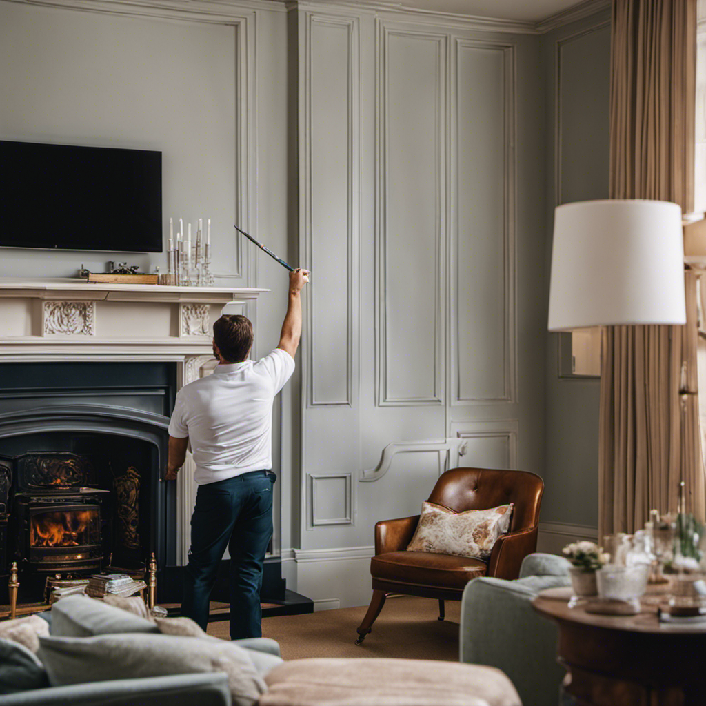 An image showcasing a skilled painting contractor in York meticulously applying a flawless coat of paint to an elegant living room wall, evoking trust and professionalism in their expert craftsmanship