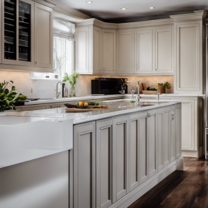 An image showcasing a stylish, modern kitchen with flawlessly refinished cabinetry in York