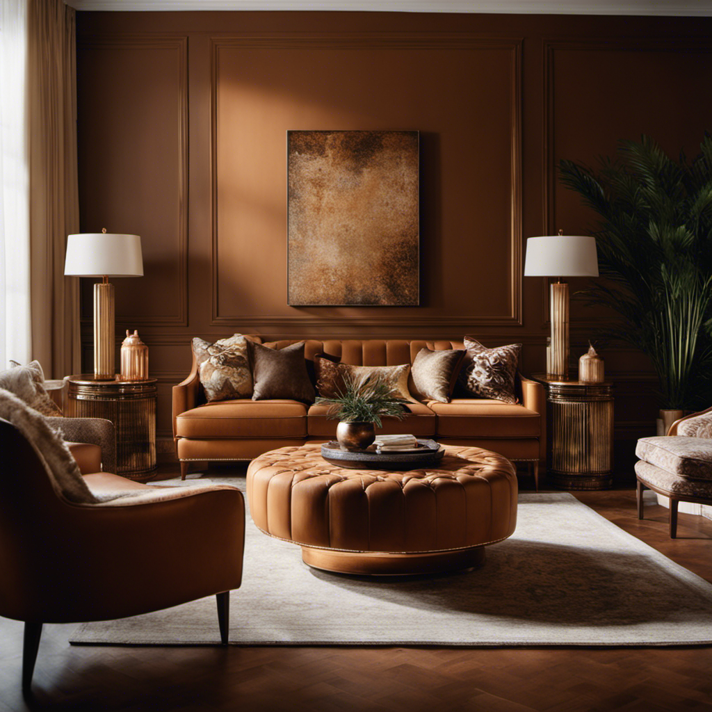 An image showcasing a luxurious living room painted in a rich, earthy palette with warm shades of caramel, chestnut, and copper, harmoniously complementing high-end furniture and intricate patterned textiles