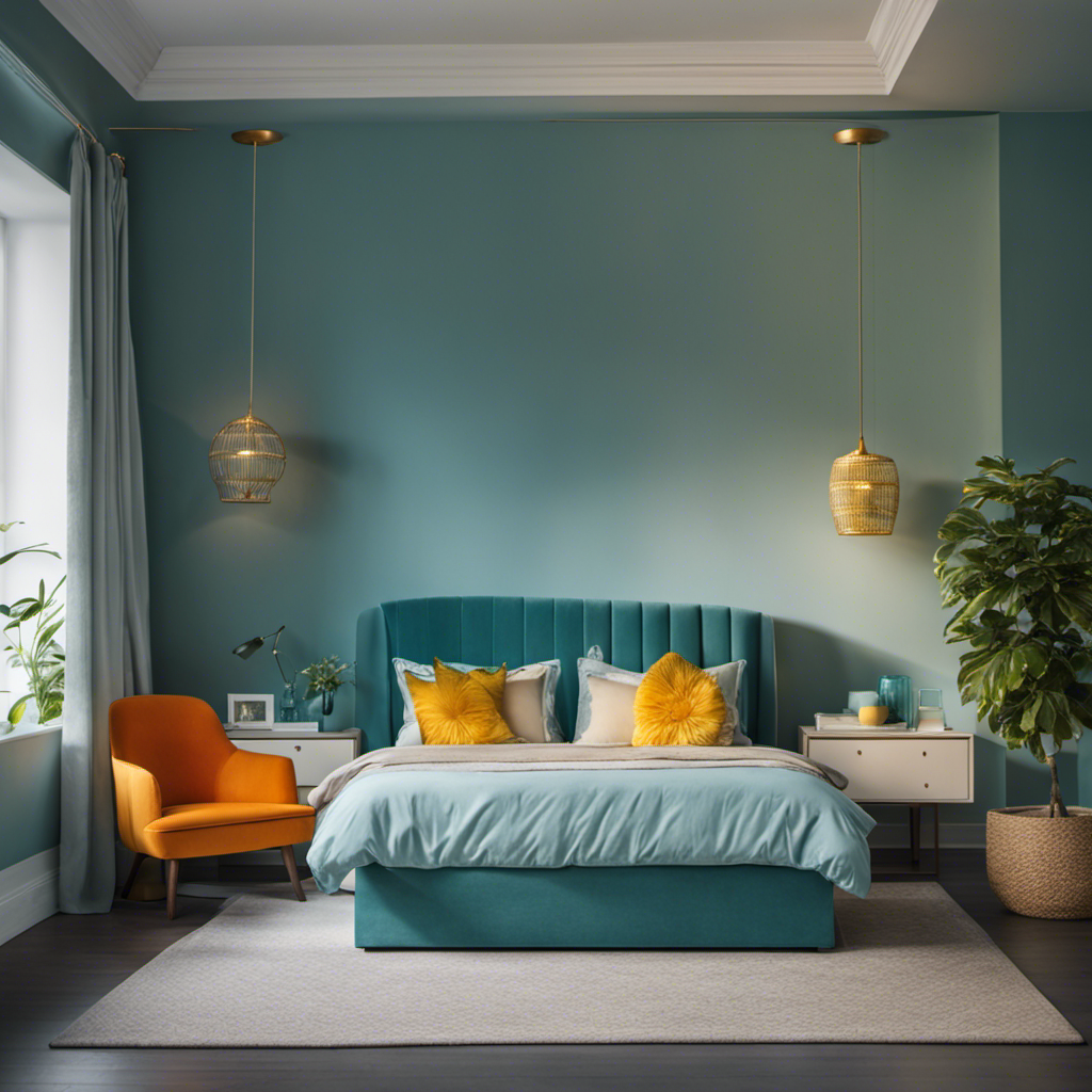 An image showcasing a serene bedroom painted in soft, calming blues and greens, evoking a sense of tranquility