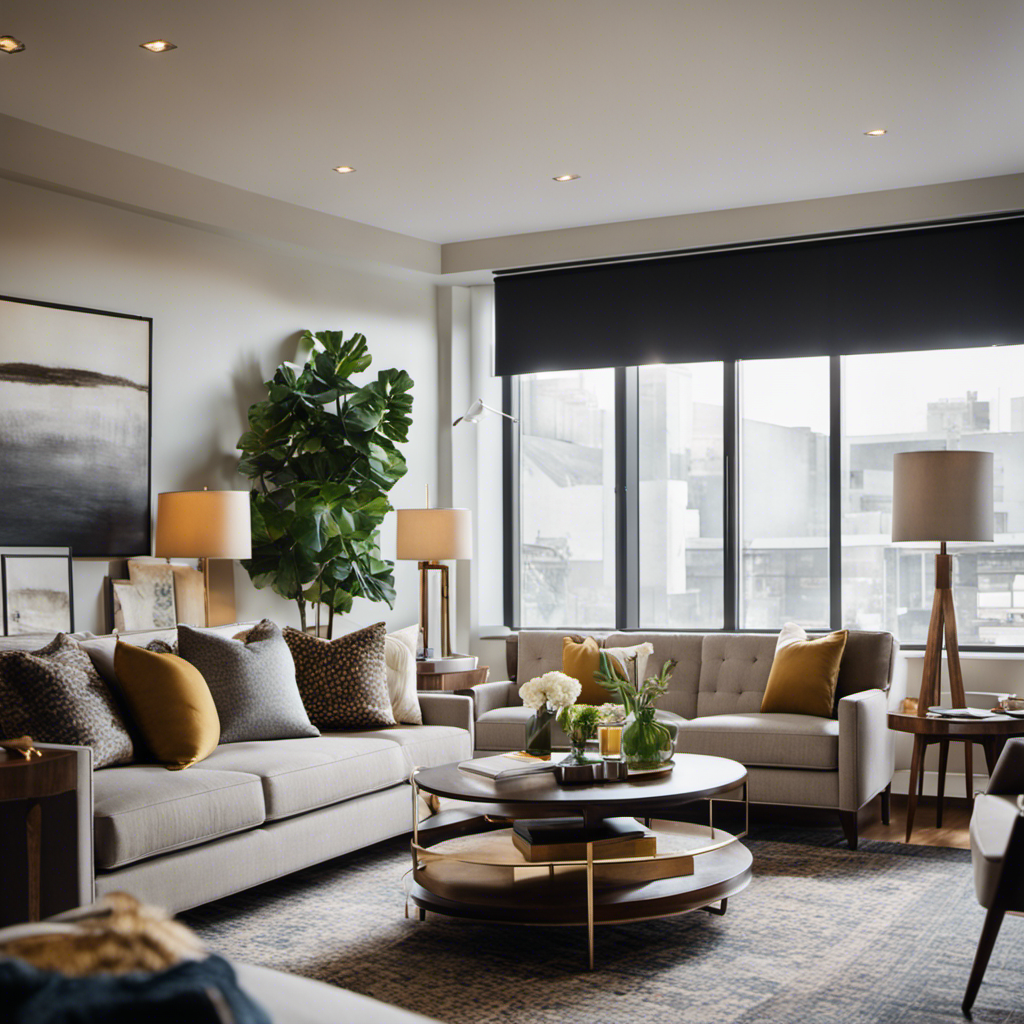 An image showcasing a York-inspired living room with a harmonious blend of sleek furniture, bold accents, and natural light pouring through large windows, exemplifying the perfect marriage of functionality and style