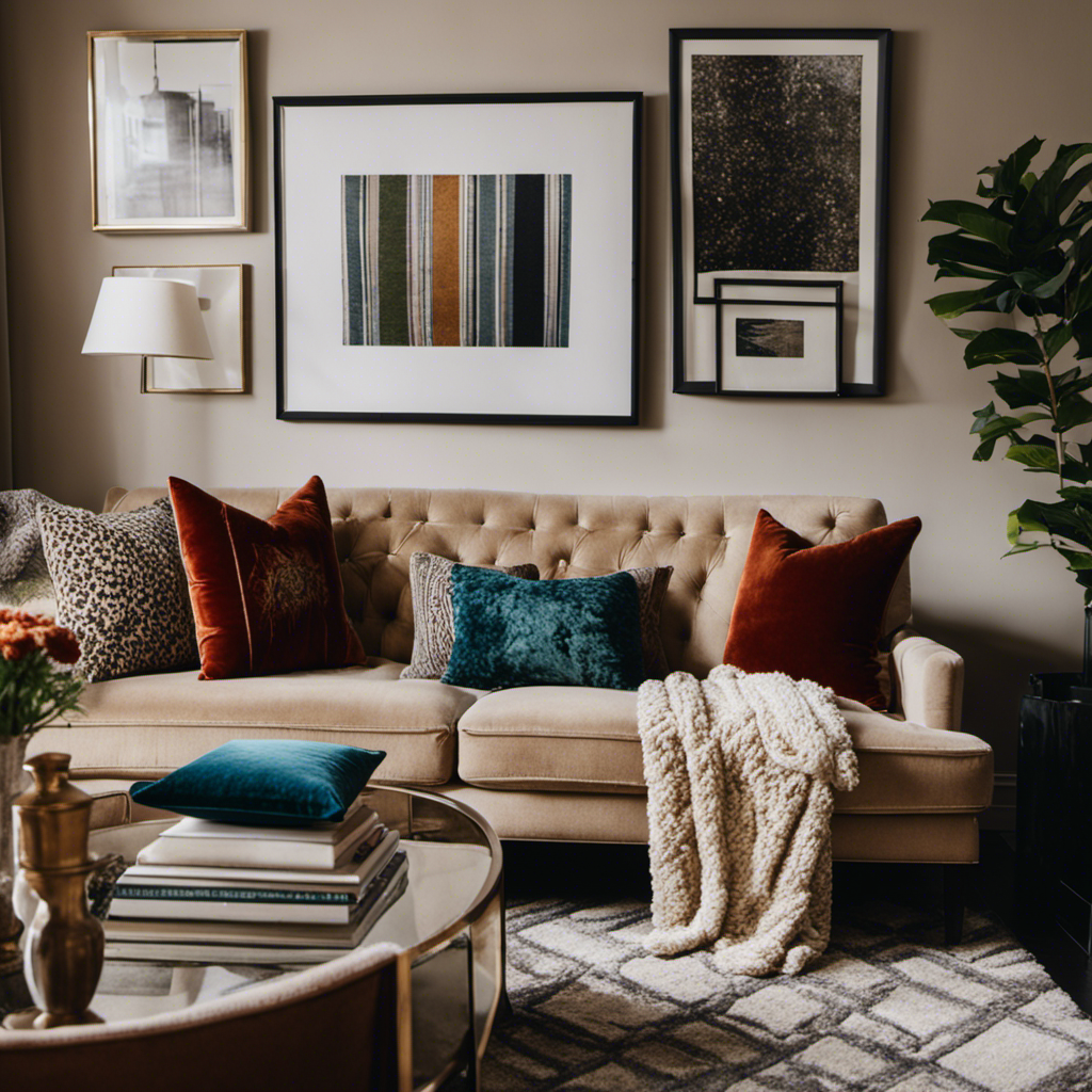 An image showcasing a cozy living room in a York home, where a plush velvet sofa adorned with geometric patterned throw pillows complements a textured shag rug, while a gallery wall of framed art adds visual intrigue