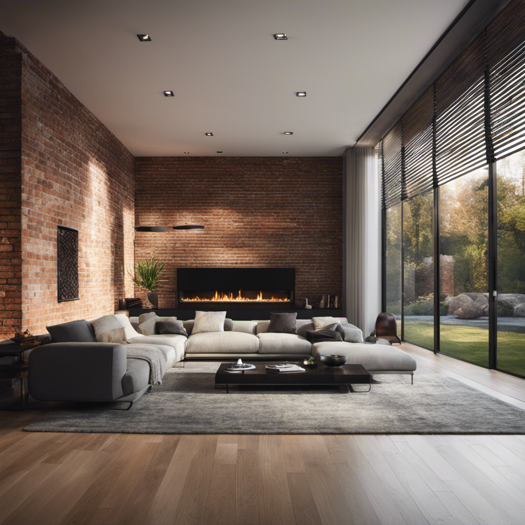 An image of a modern living room with floor-to-ceiling windows, allowing natural light to illuminate a sleek fireplace