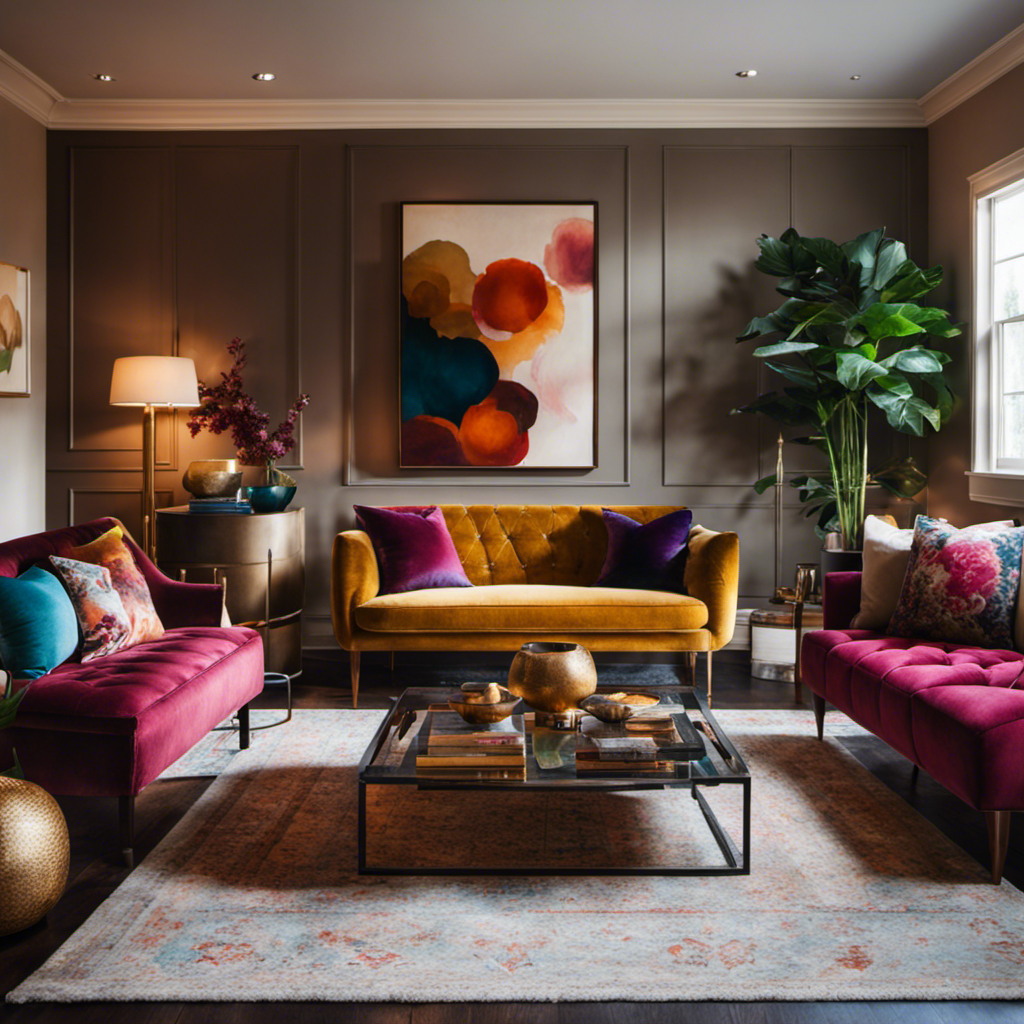 An image showcasing a vibrant living room with a harmonious blend of warm earthy tones, highlighted by pops of jewel tones