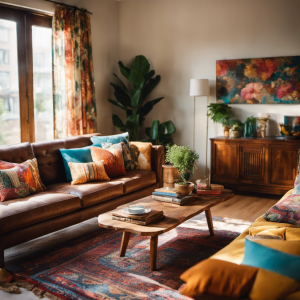 a vibrant living room with an eclectic mix of colorful throw pillows on a cozy, patterned sofa