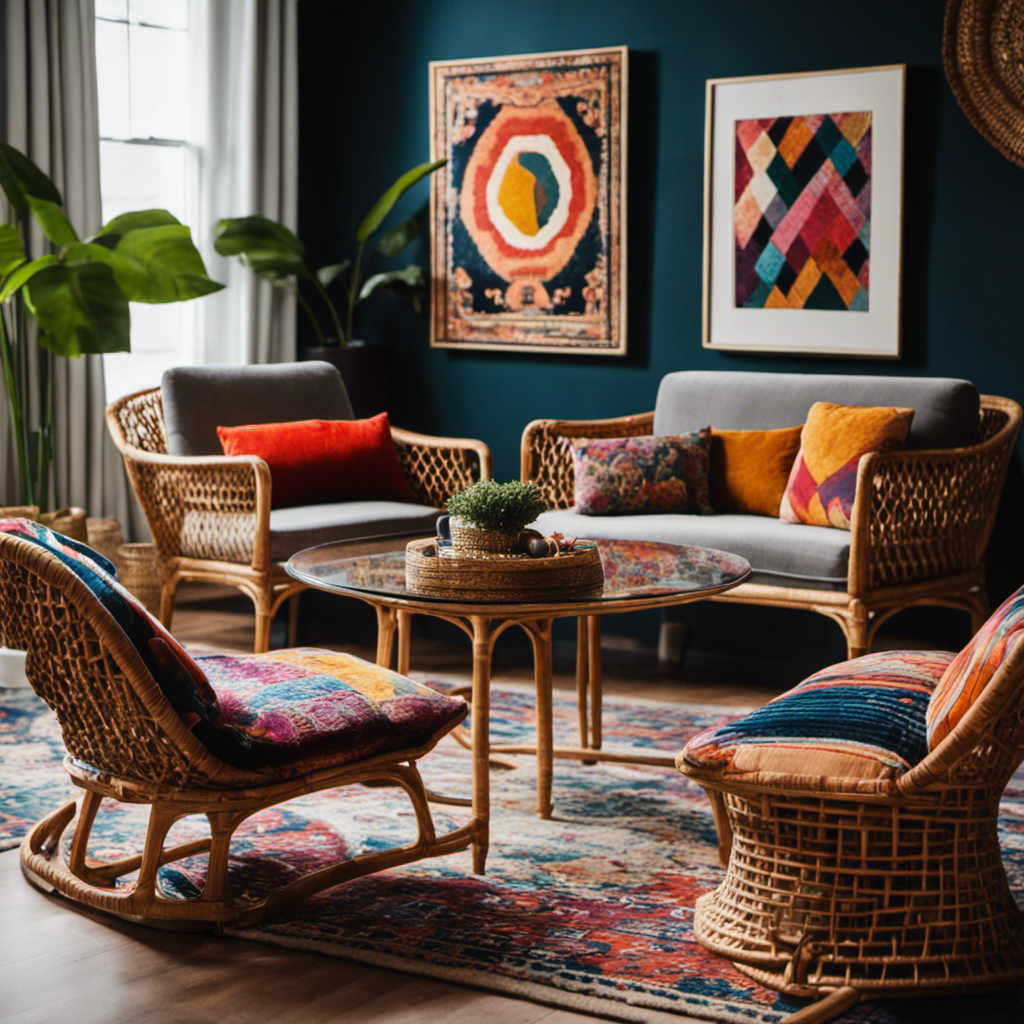 An image that showcases a vibrant living room with plush velvet chairs, adorned with geometric patterned throw pillows