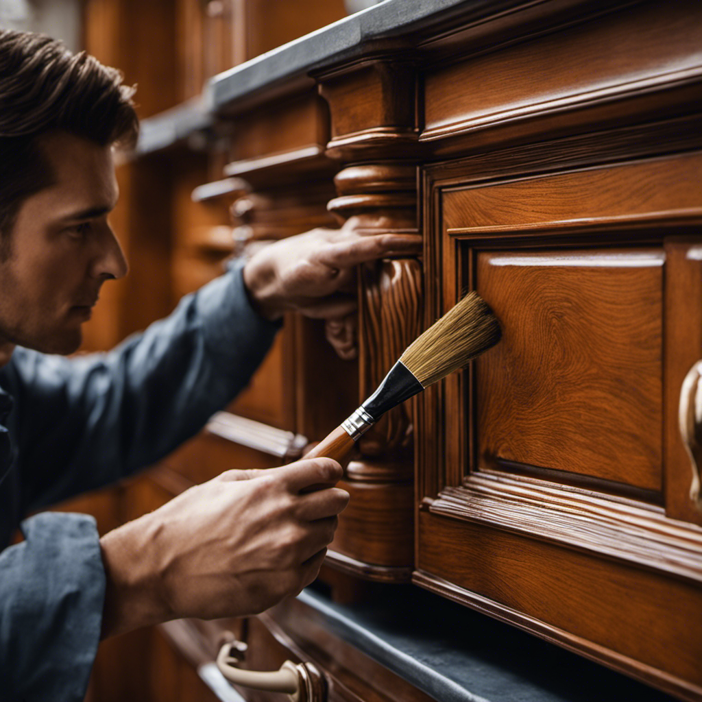 An image showcasing a skilled cabinet painter in York delicately applying brush strokes, transforming dull cabinets into stunning works of art