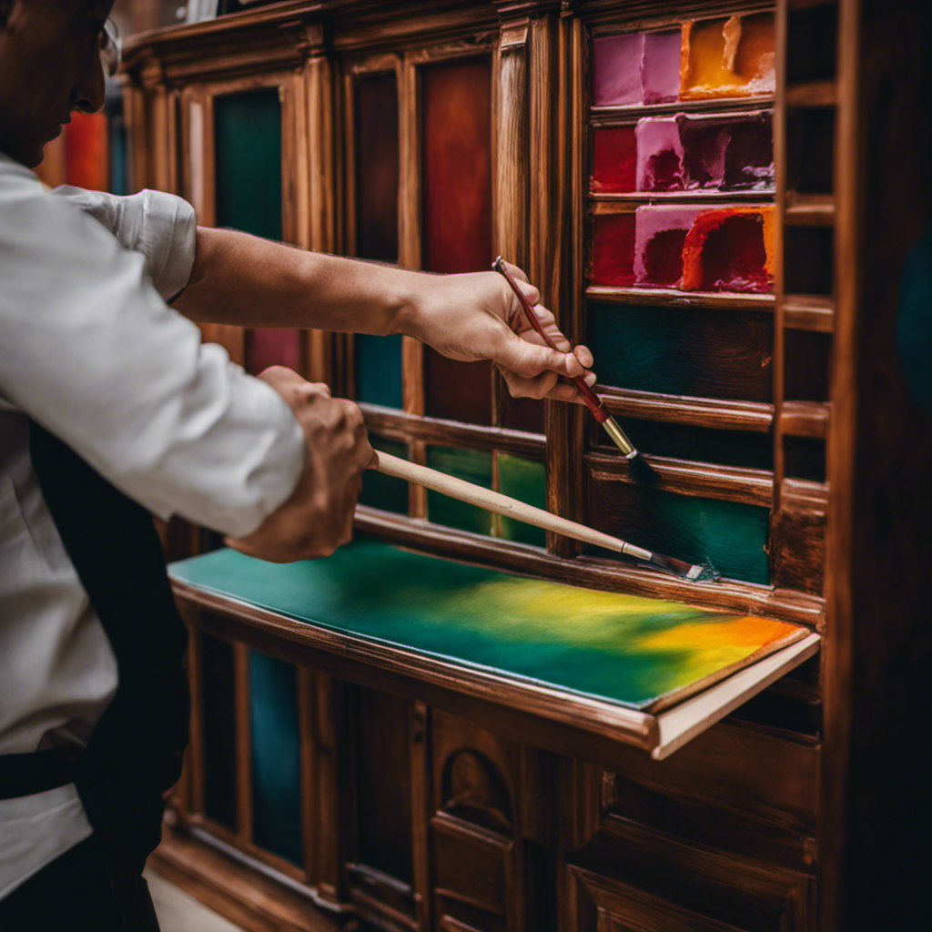 An image showcasing a skilled painter gracefully wielding a high-quality brush on a meticulously prepared cabinet surface, effortlessly transforming it into a stunning piece of art, with vibrant colors and flawless finishes