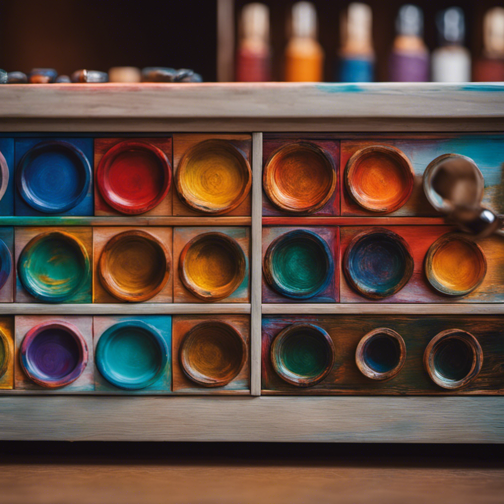  a close-up shot of a skilled painter delicately brushing vibrant hues onto a cabinet, creating intricate patterns and textures