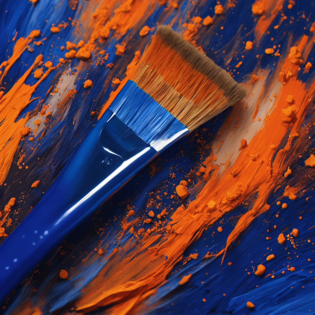 An image capturing the vibrant strokes of a paintbrush, dancing across a canvas in hues of cobalt blue and fiery orange