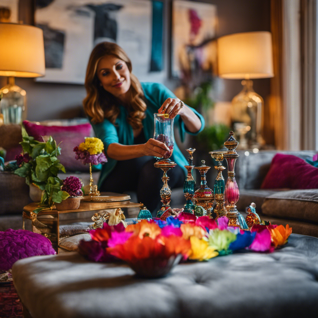  an enchanting scene of a skilled interior designer adorning a living room in York with a kaleidoscope of vibrant hues