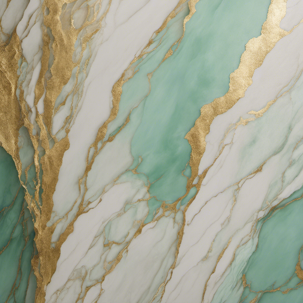 An image showcasing a beautifully painted wall with a mesmerizing faux marble finish, blending shades of ivory, gold, and hints of mint green