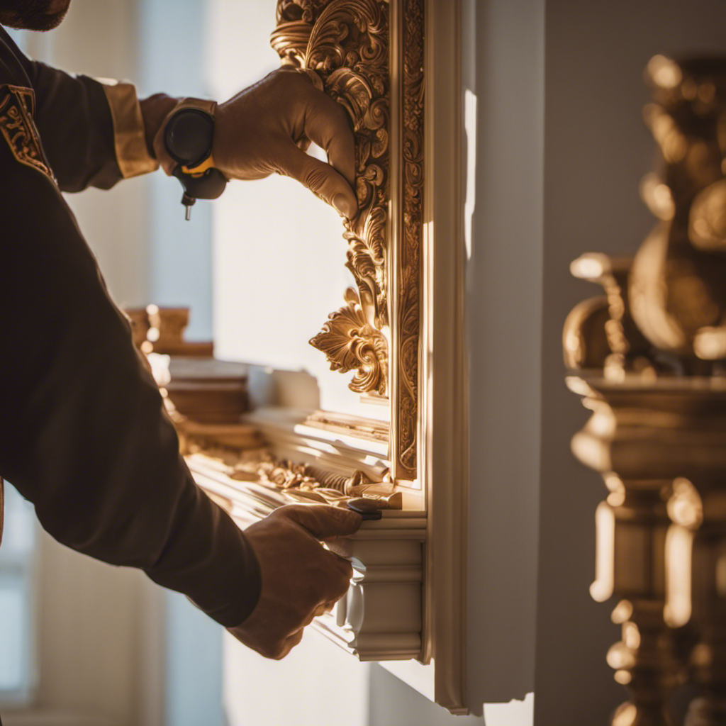 An image showcasing a skilled craftsman expertly installing intricate crown molding in a luxurious living room, enhancing its elegance