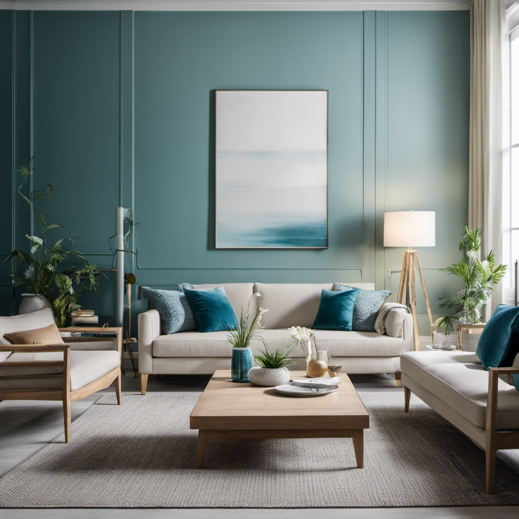 An image showcasing a serene living room with walls painted in cool shades of blue and green, complemented by furniture and decor in harmonious tones of white, beige, and grey