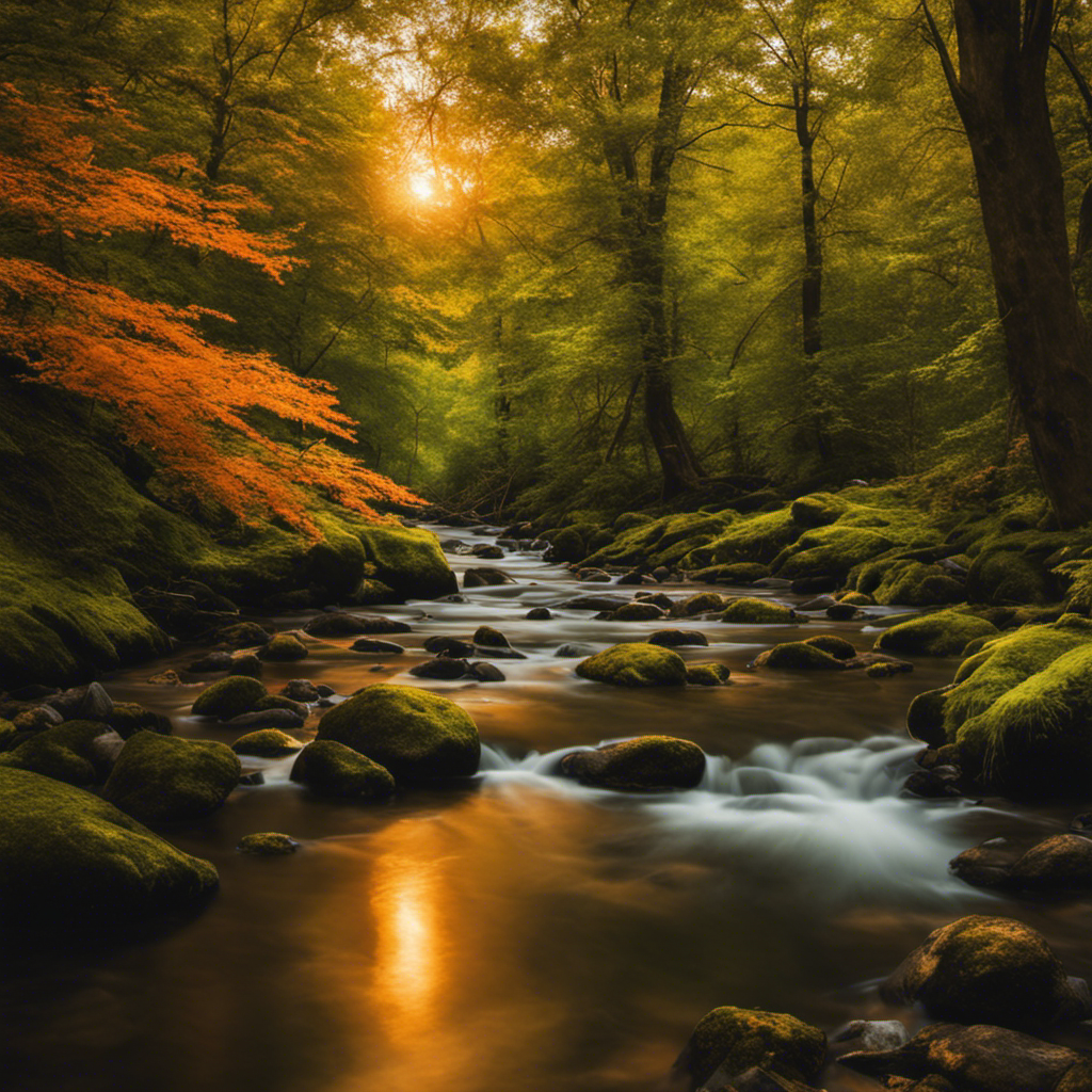 An image showing a serene forest scene, with vibrant green foliage casting dappled light onto a peaceful creek