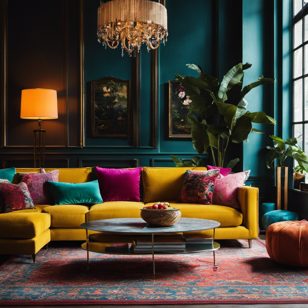 An image showcasing a vibrant living room with a bold, contrasting color palette