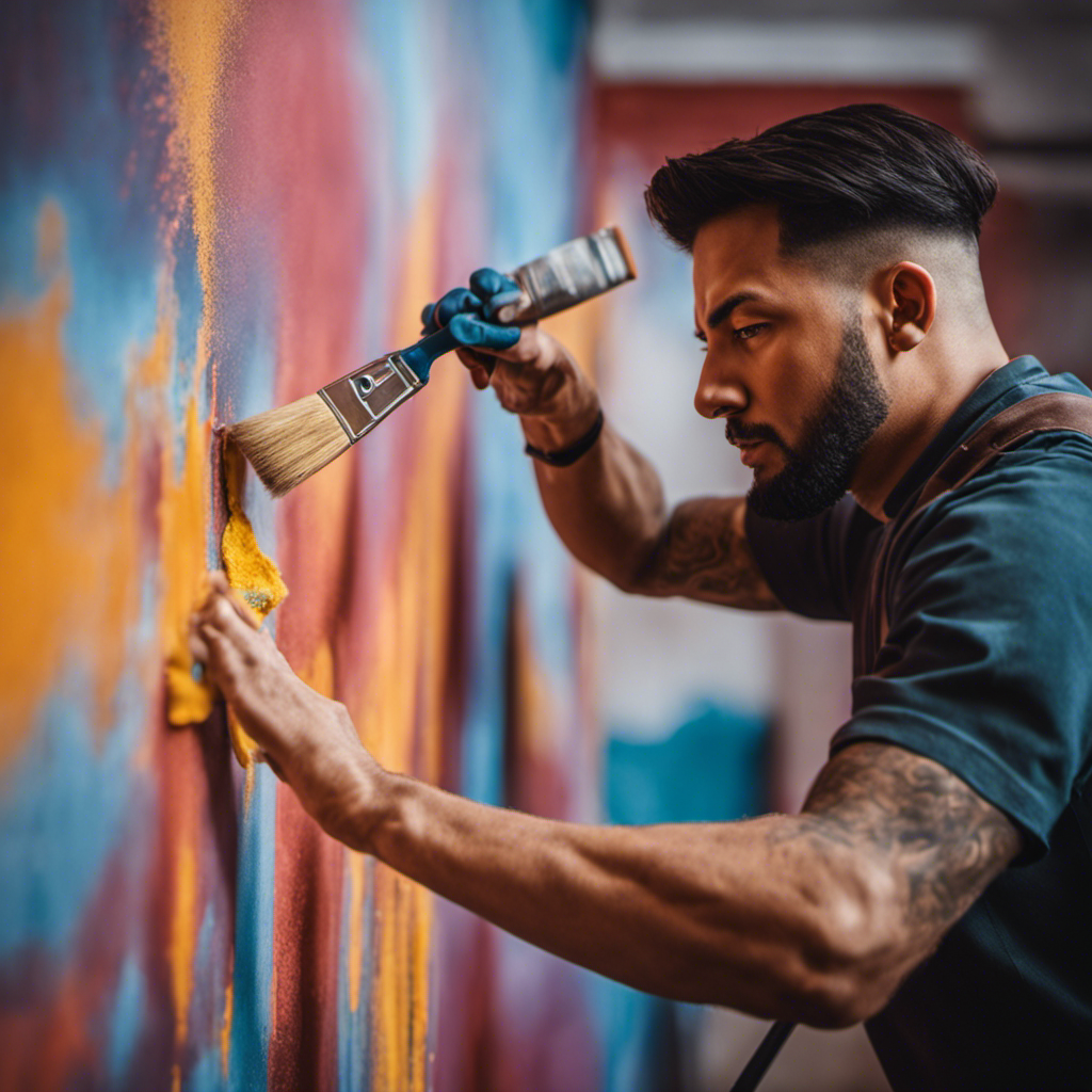 An image showcasing a skilled painter meticulously applying a flawless coat of paint on a stunningly vibrant wall, capturing the transformative power and attention to detail that an expert painter brings to every home