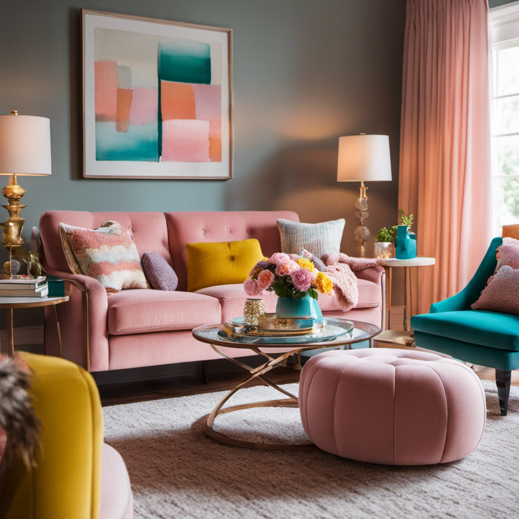 An image showcasing a cozy living room with soft pastel walls, complemented by vibrant pops of color in the furniture and decor