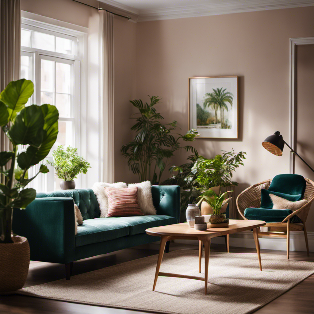 An image showcasing a serene living room with freshly painted walls, adorned with vibrant artwork and sunlight streaming through clean windows