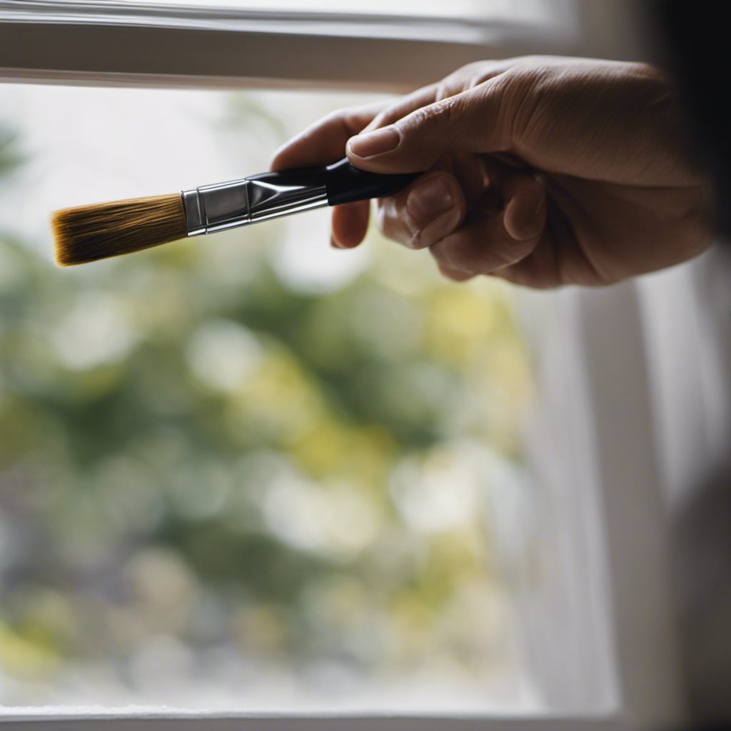 An image showcasing a close-up view of a painter's hand delicately gliding a high-quality angled brush along the sharp edges of a freshly painted window trim, revealing flawless precision and perfect lines