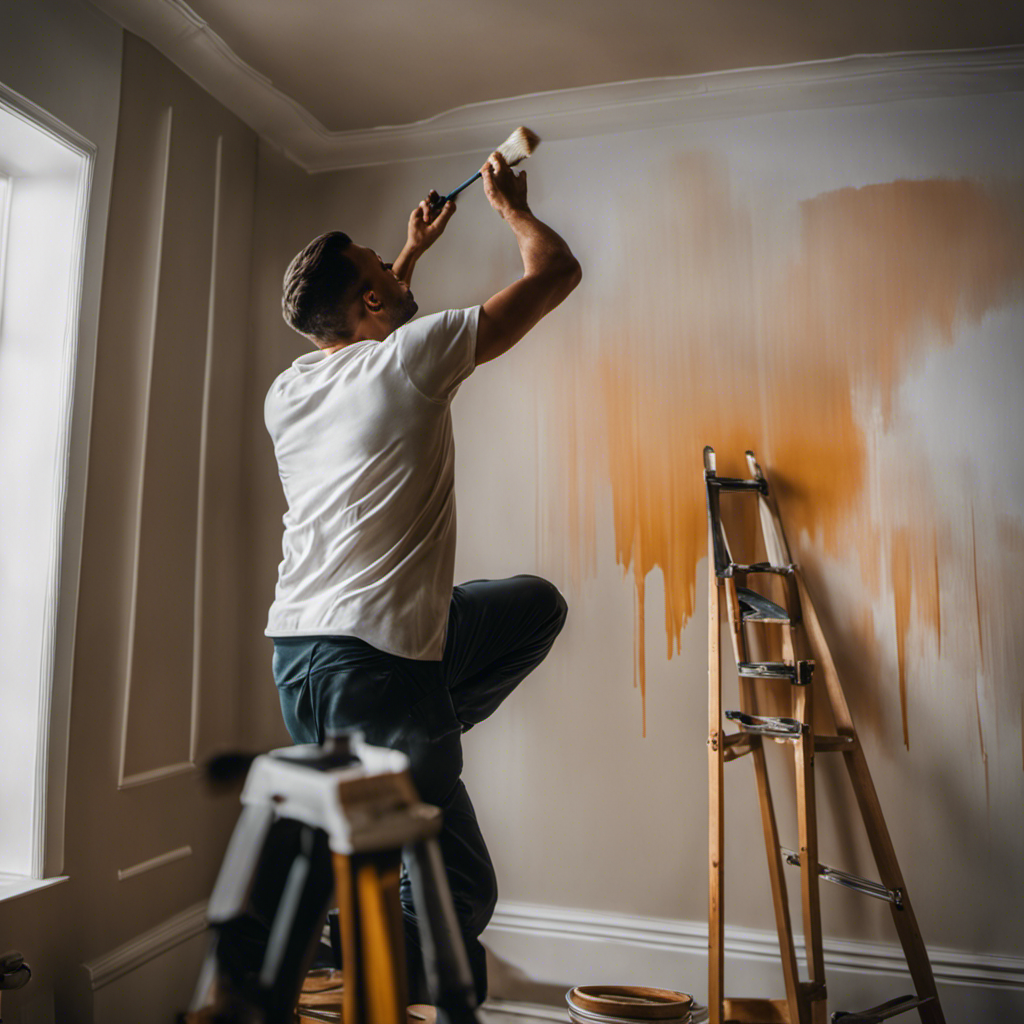 An image showcasing a skilled painter effortlessly applying smooth brush strokes on a wall, while another expert painter flawlessly rolls paint onto a ceiling, both showcasing perfect technique and precision in residential painting