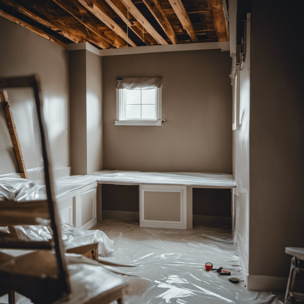 An image showcasing a neatly organized room with furniture covered in plastic, drop cloths on the floor, and walls prepped with spackling paste, sanded smooth, and taped off with painter's tape in preparation for a flawless home painting project