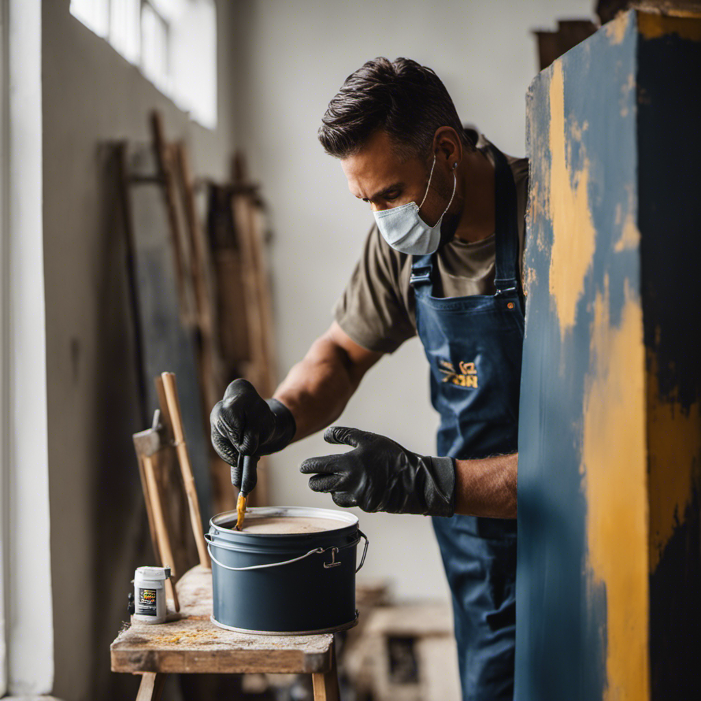 An image capturing a skilled painter meticulously prepping a wall, filling imperfections, sanding, and applying primer, showcasing the essential steps for achieving a flawless and enduring paint finish