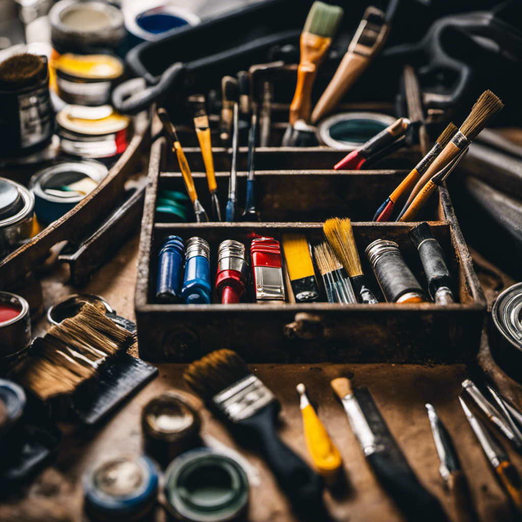 An image featuring a neatly organized toolbox with paintbrushes of various sizes, a paint roller, a putty knife, sandpaper, painter's tape, and a can of paint, showcasing the necessary tools for achieving flawless paint touch-ups in York